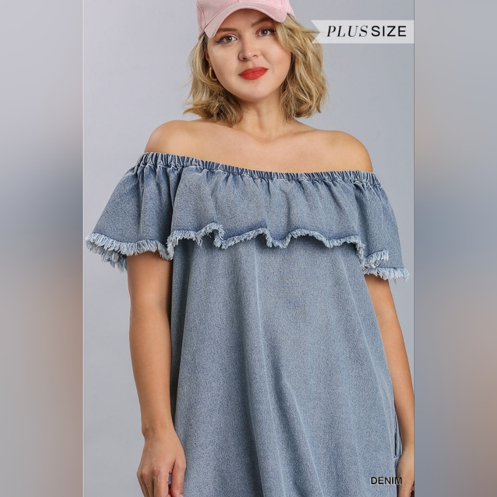 Off Shoulder Ruffled Denim Dress - Picture 4 of 10